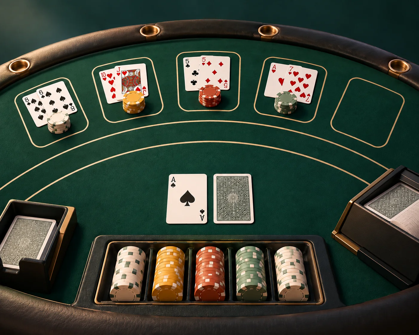 Ilustracija blackjack stola iz pozicije dealera, s pladnjem žetona, spremnikom karata i rukama igrača.