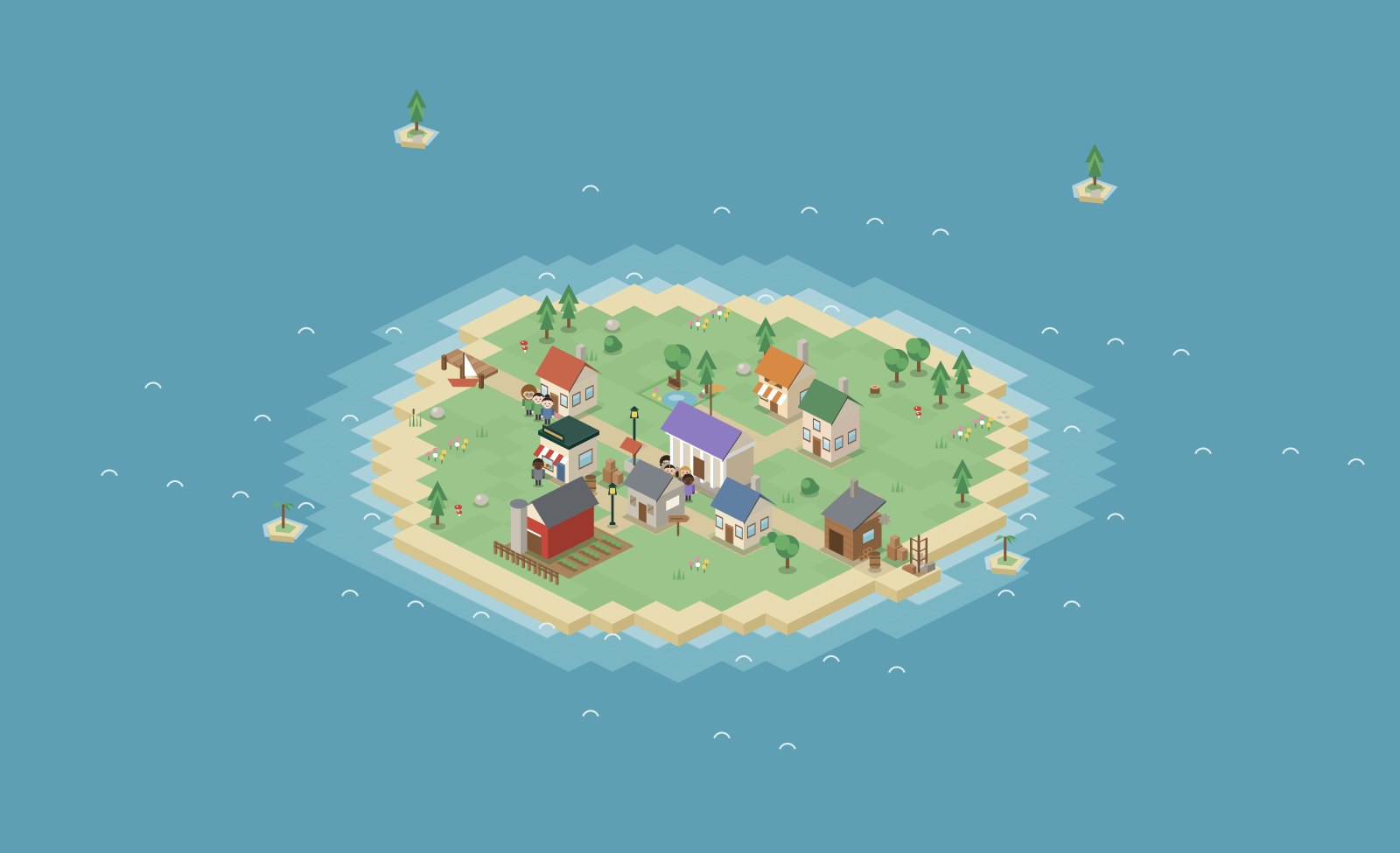 Razvojni prikaz otoka Tiny World s kućama, drvećem i stanovnicima.
